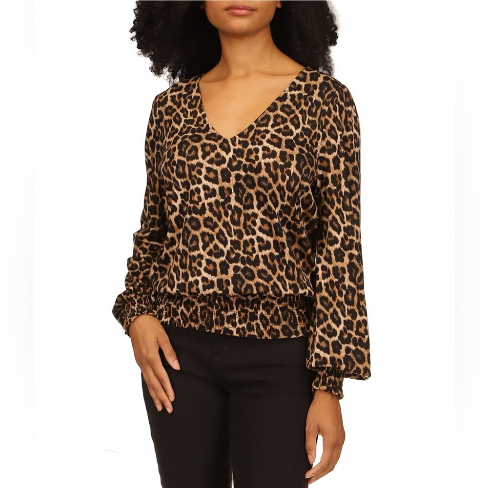 Small Michael Kors Jersey Cheetah Print V-Neck Long Sleeve Smocked Hem Shirt